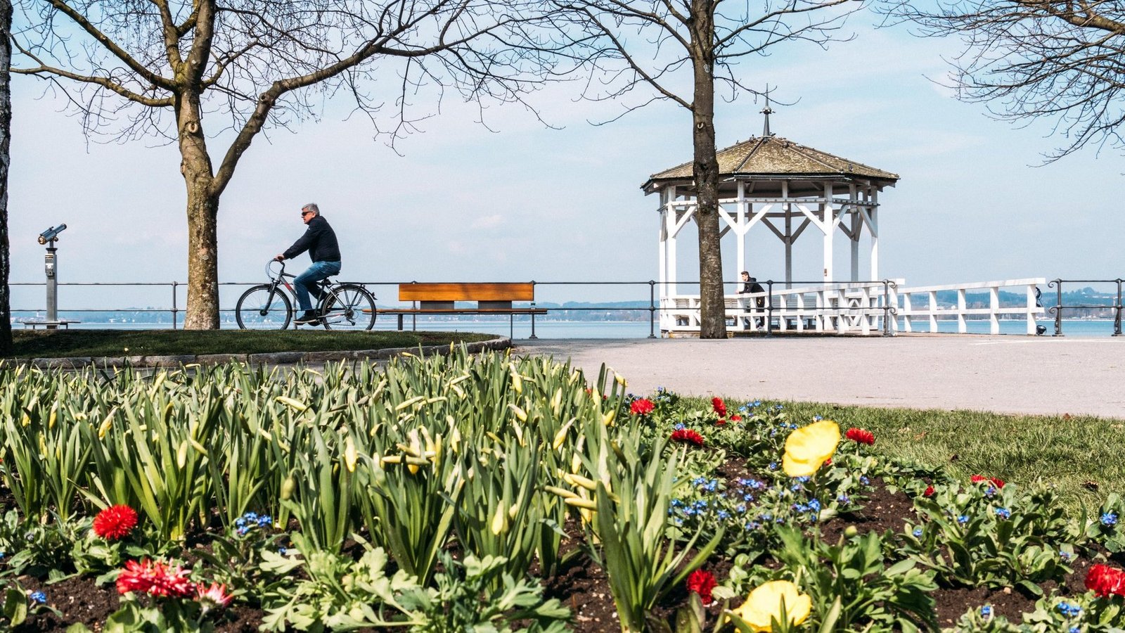 Ein Radfahrer im Frühling vor dem Fischersteg und blühende Blumen